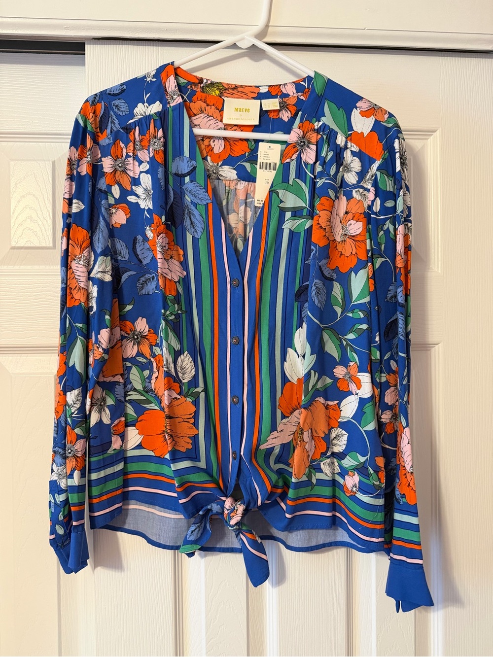 Anthropologie Maeve Royal Blue Floral Button-Front Tie Blouse